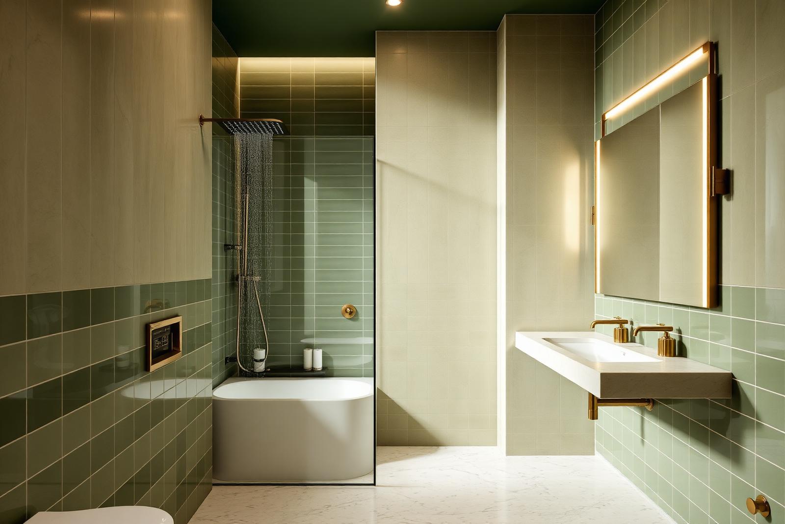 Olive Loft — Olive-tiled bath with rain shower and brass fittings