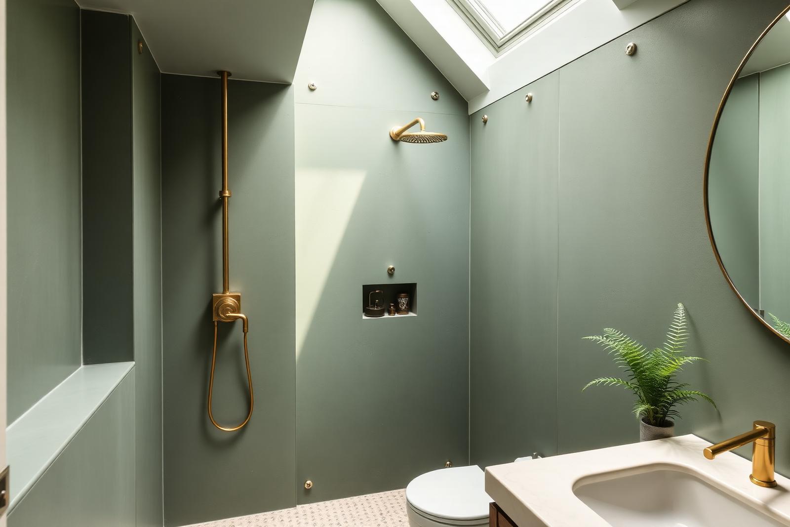 Sage Studio — Sculpted sage bathroom with skylight and brass rain head