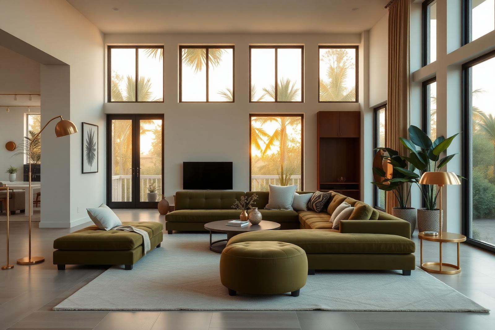 Brass Family Suite — Double-height lounge with deep olive seating