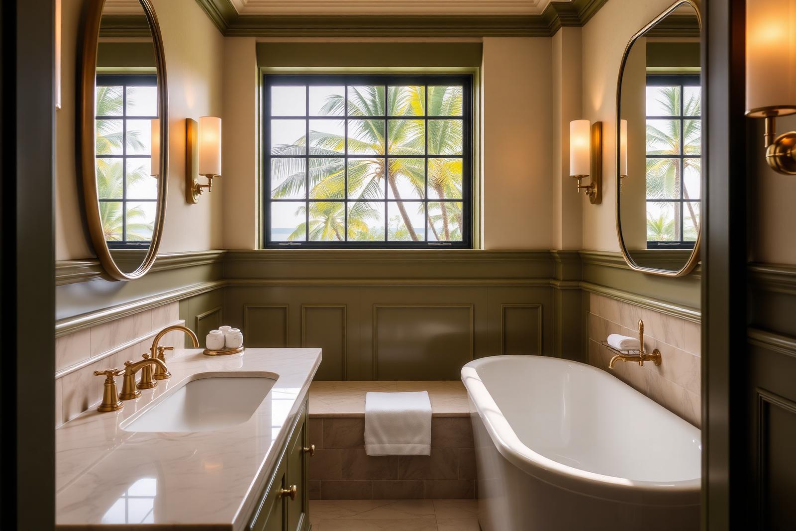Brass Family Suite — Twin-vanity bathroom with soaking tub