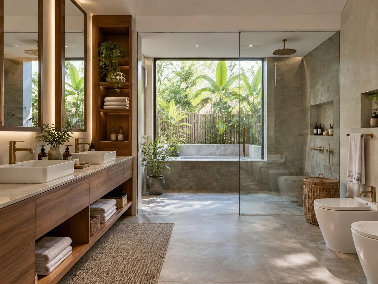 Acacia Grand Villa — Garden-facing bath with twin vanity and rain shower