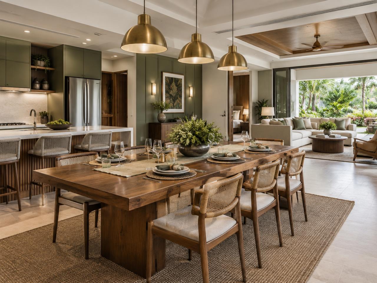 Acacia Grand Villa — Grand acacia dining table and open kitchen for eight