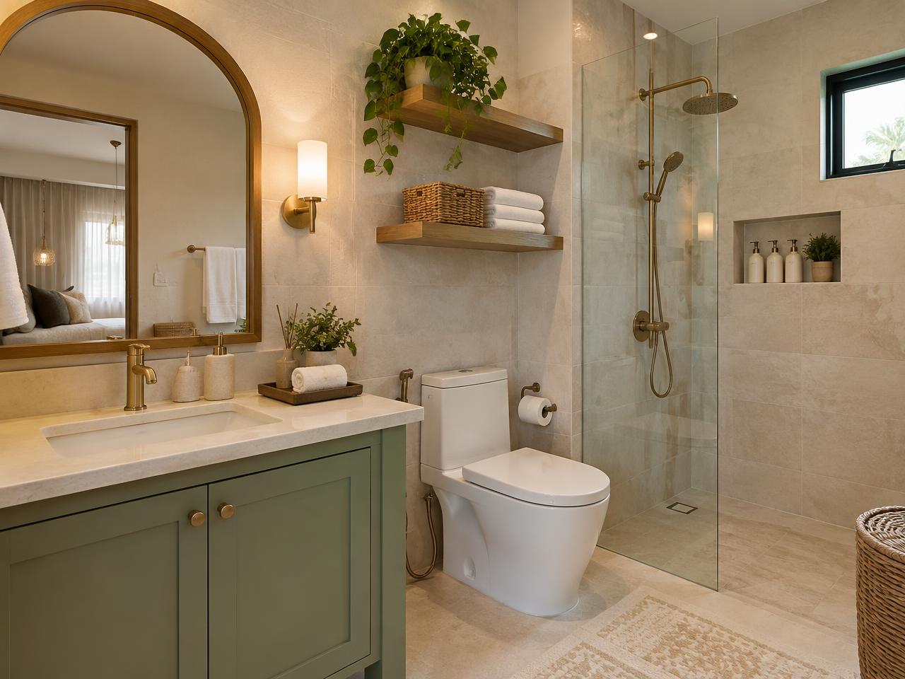 Cream Cottage — Bright cream-stone bath with hot shower and bidet