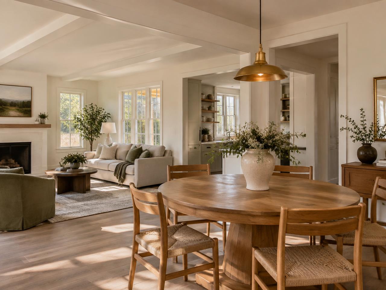 Cream Cottage — Sunlit living and dining under a brass pendant