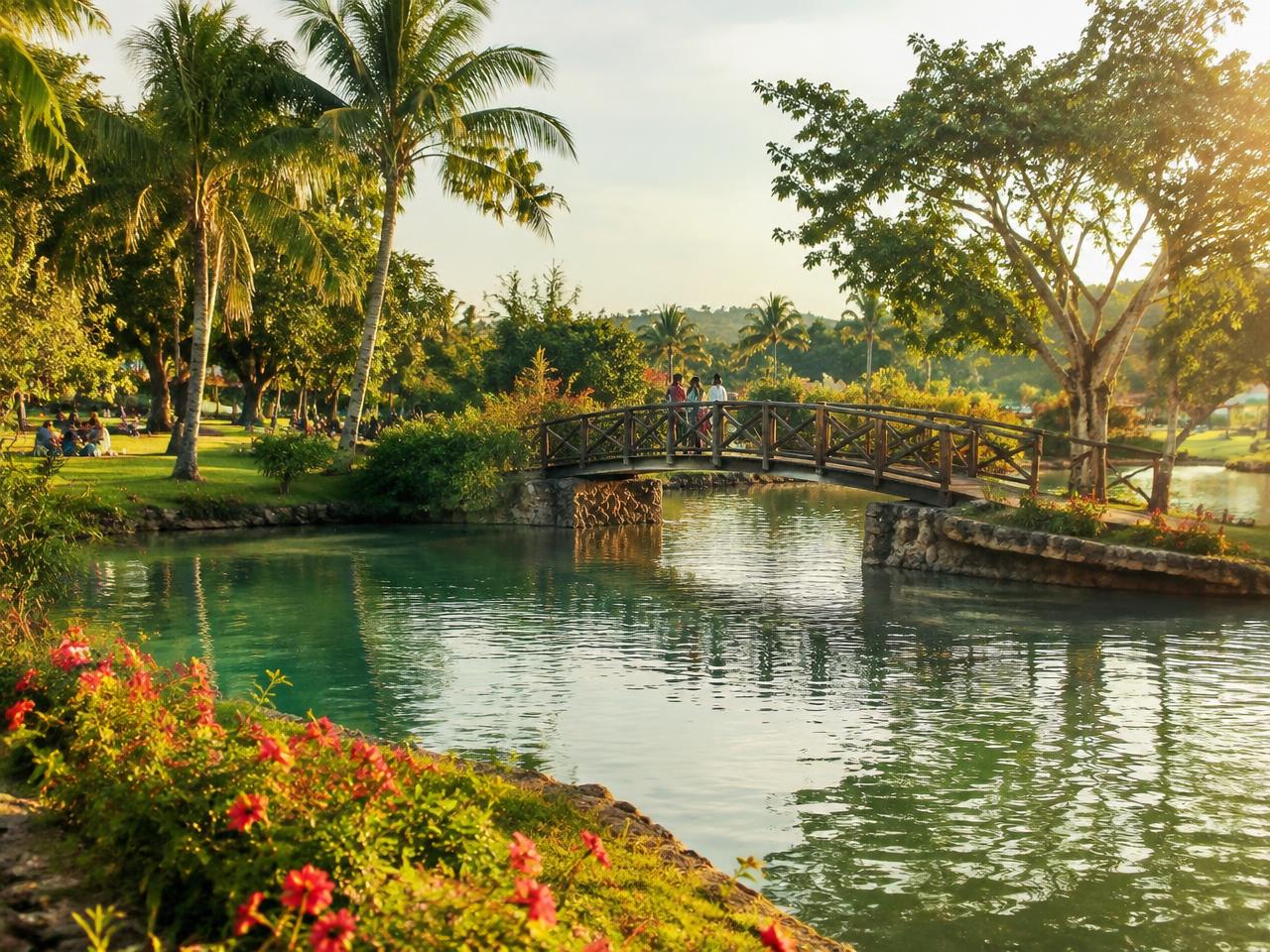 Naga City Ecology Park — The lagoon bridge at golden hour