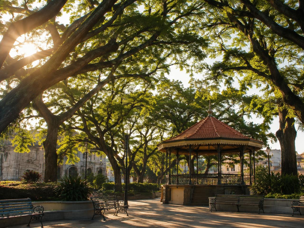 Plaza Rizal & Plaza Quince Martires — Morning light through old acacia trees