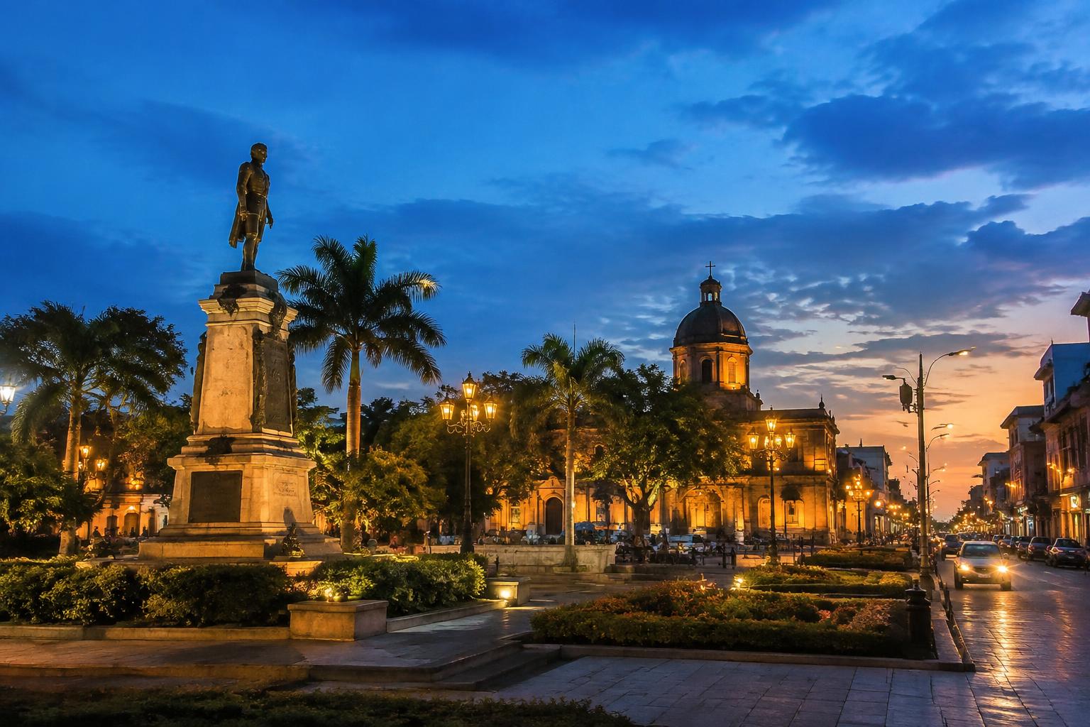 Naga City historic center glowing at blue hour