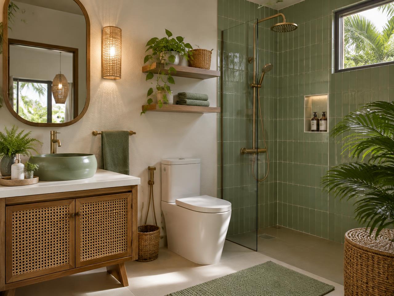 Fern Casita — Fern-tiled bath with hot shower, bidet, and brass fittings
