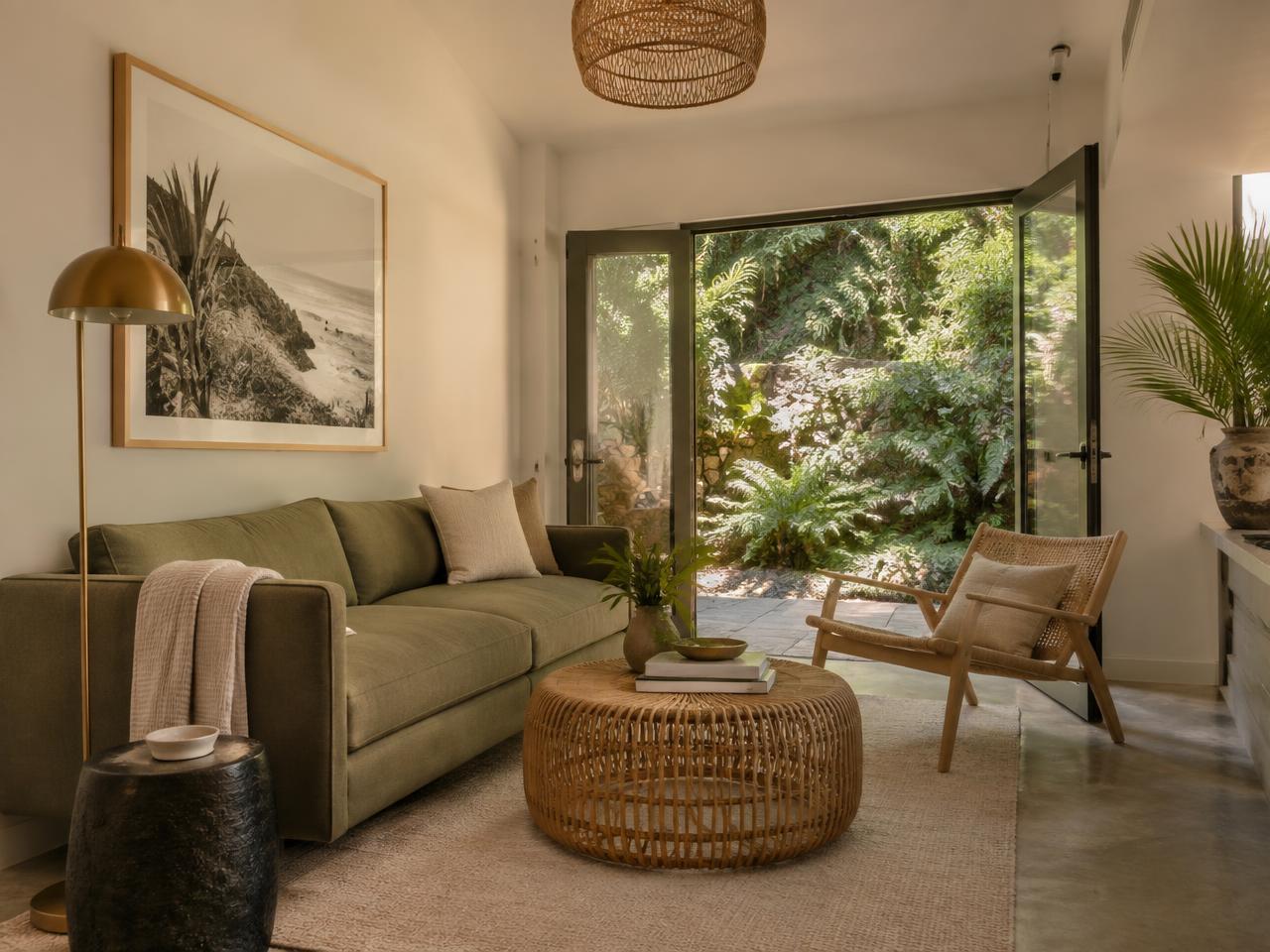 Fern Casita — Compact lounge with rattan and brass details