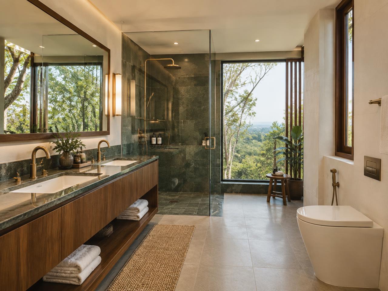 Narra Skyloft — Treetop bathroom with twin vanity and brass rain shower