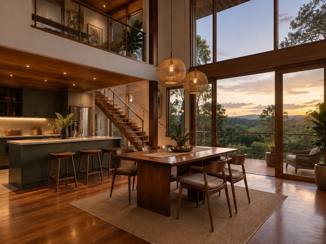 Narra Skyloft — Double-height dining and open kitchen with treetop views