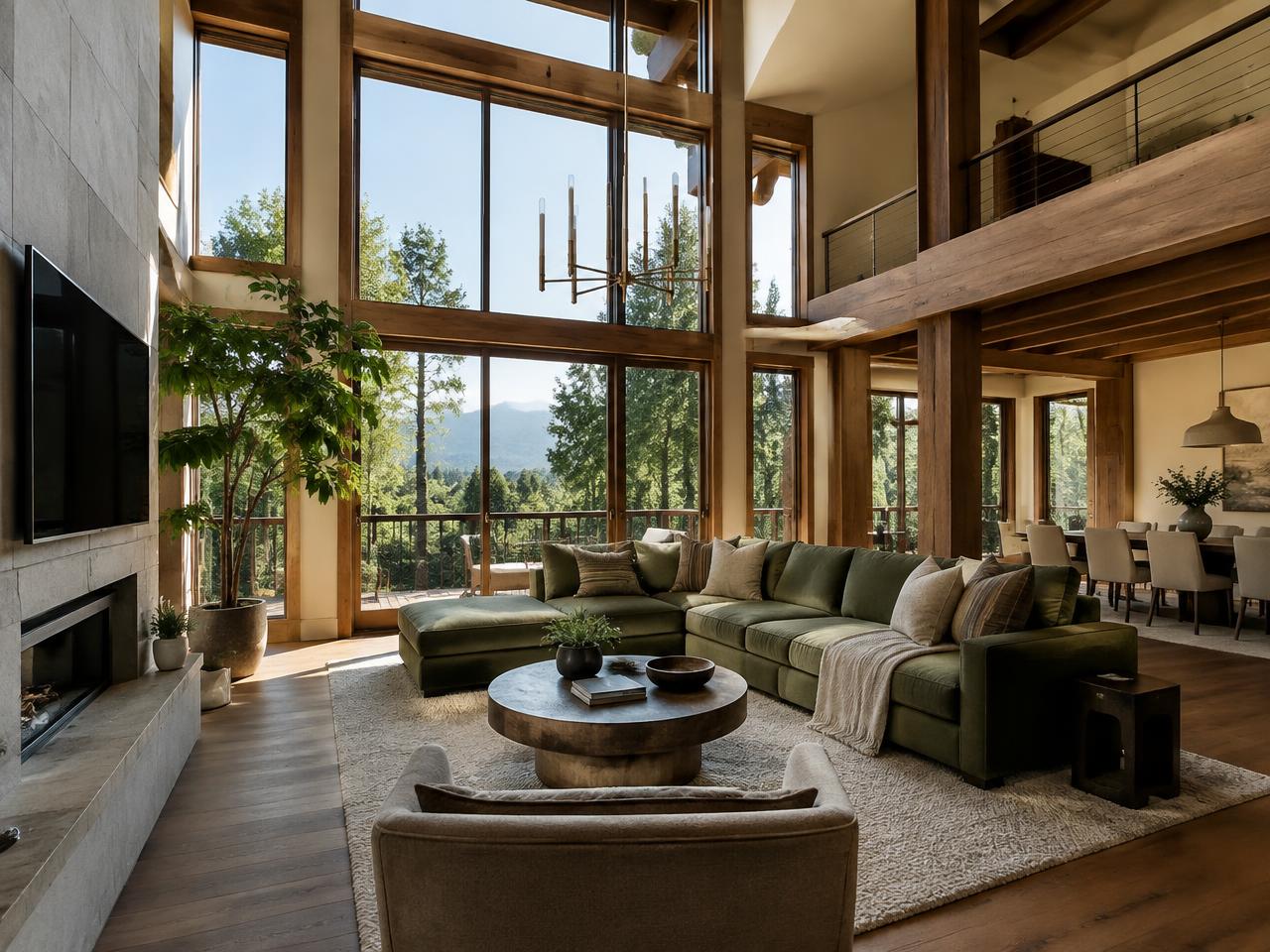 Narra Skyloft — Double-height lounge framed in warm narra