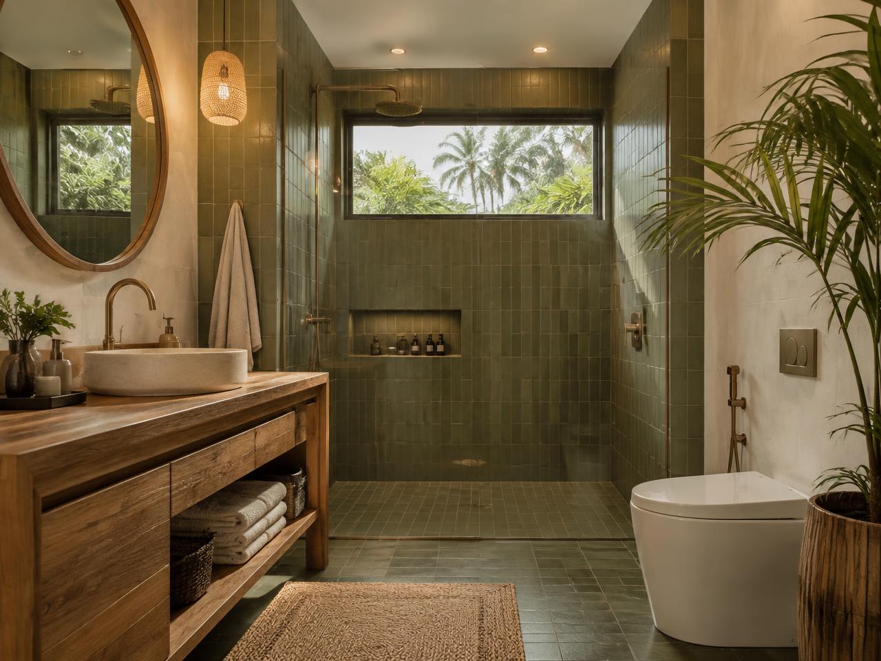 Palma Duplex — Olive-tiled bath with rain shower and bidet