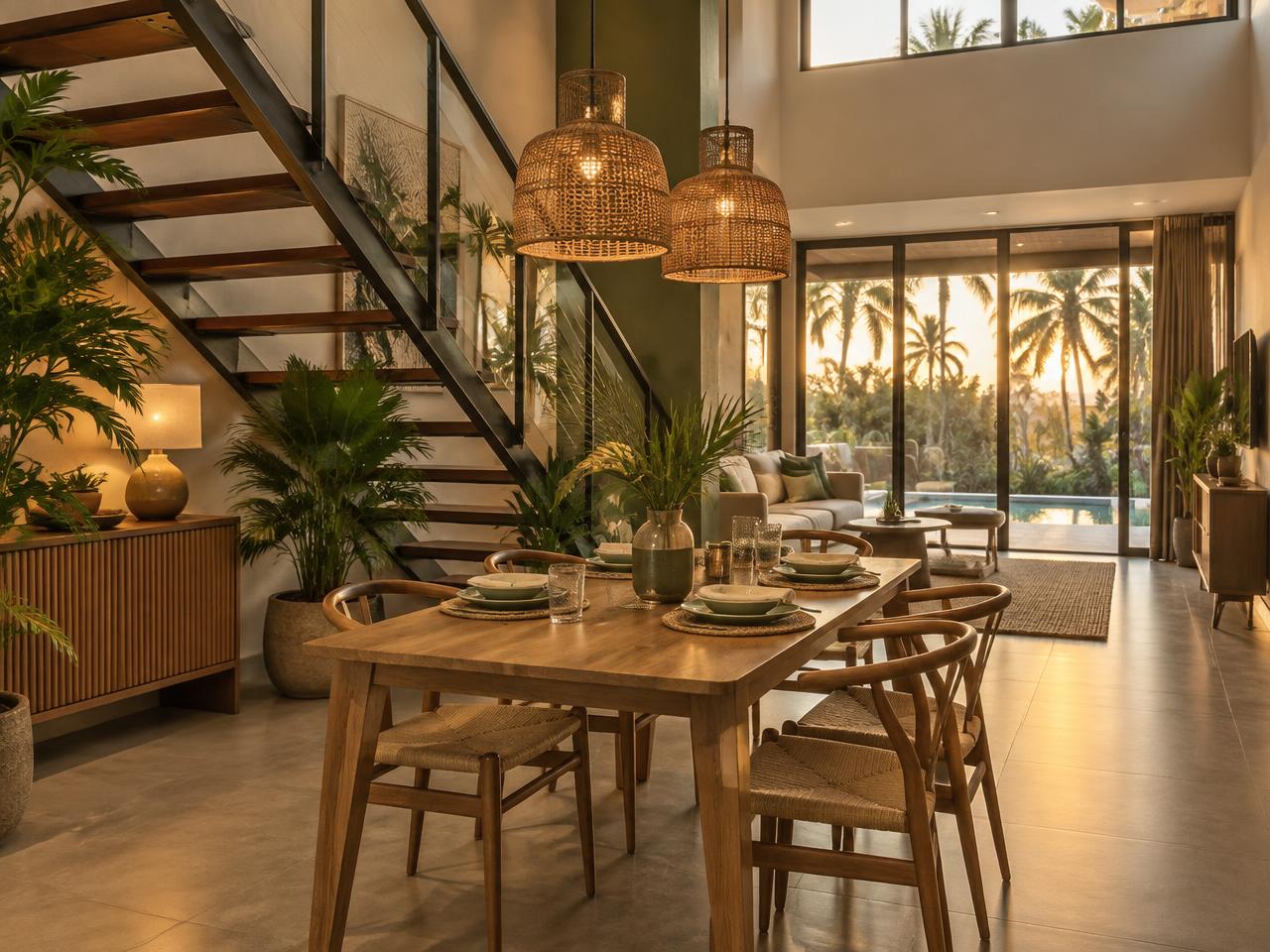 Palma Duplex — Loft-side dining table overlooking the palm garden